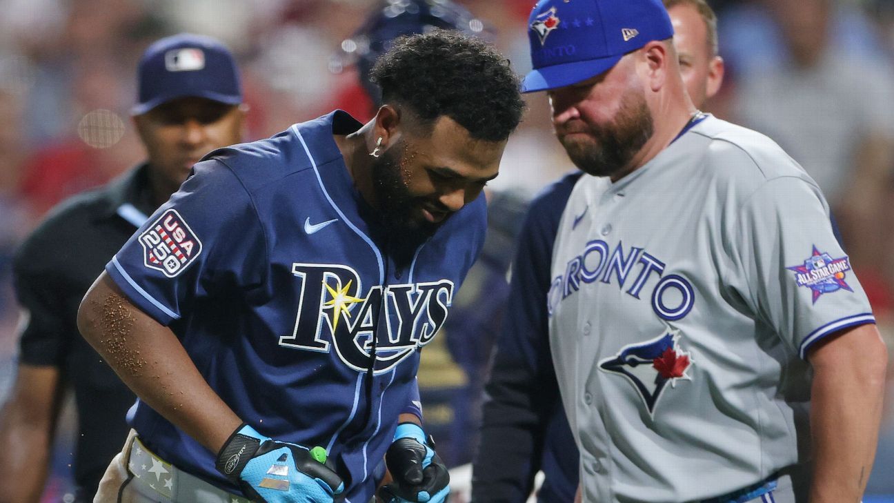 AL 3B Caminero hit by pitch, exits in 3rd inning
