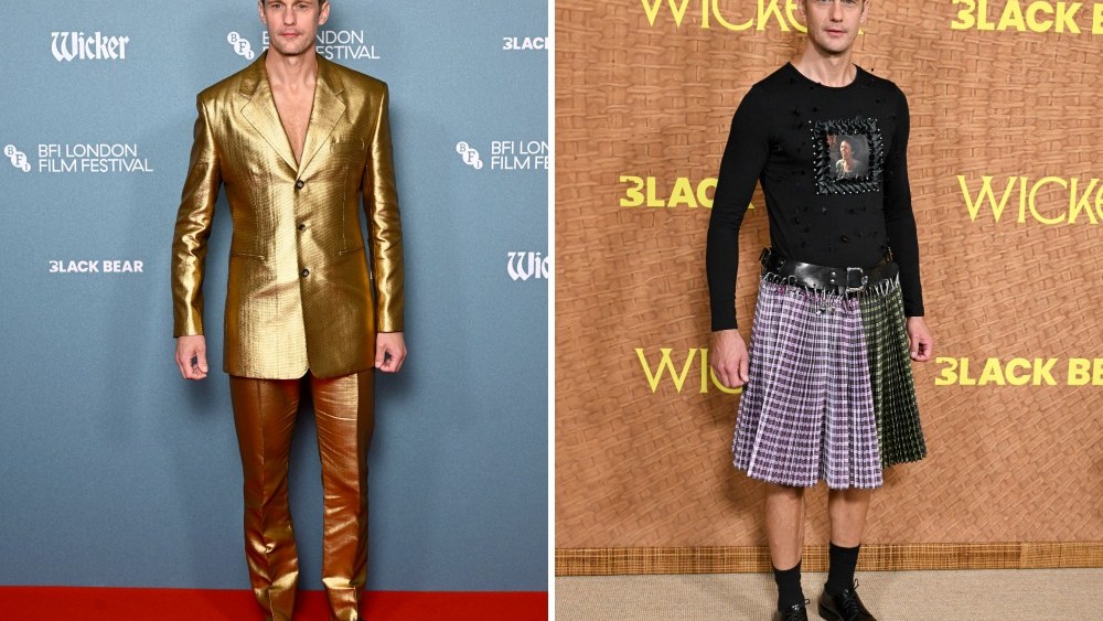 Alexander Skarsgård on His Wacky ‘Wicker’ Red Carpet Looks: From Clear Shoes and a Multicolored Skirt to a Gray Wig Inspired by Co-Star Olivia Colman